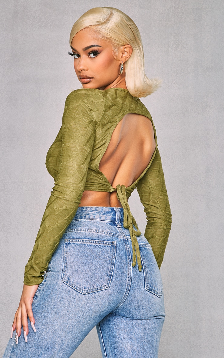 Khaki Textured Tie Back Crop Top