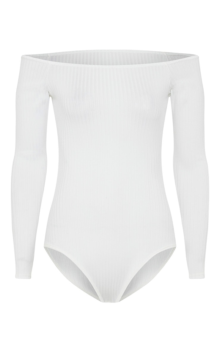 Lilith Cream Ribbed Bardot Bodysuit PrettyLittleThing USA