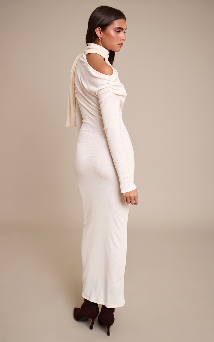 Cream Brushed Rib Scarf Detail Long Sleeve Asymmetric Ruched Maxi Dress image 2