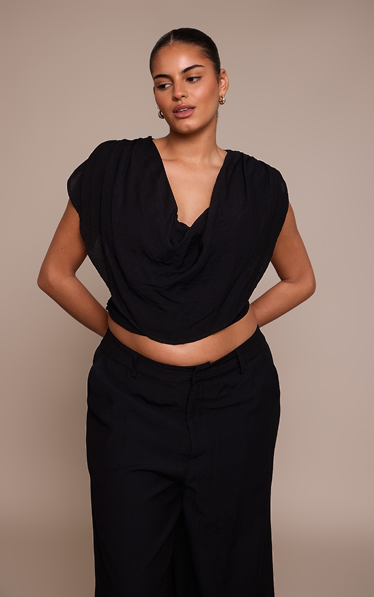 Plus Black Woven Ruched Shoulder Cowl Neck Top  image 1