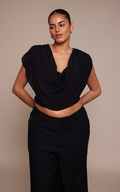 Plus Black Woven Ruched Shoulder Cowl Neck Top
