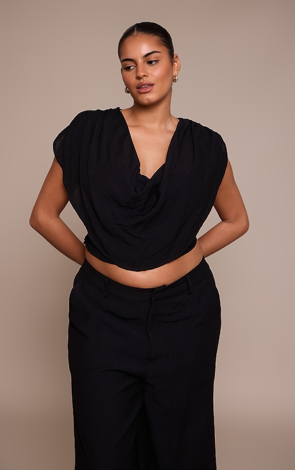 Plus Black Woven Ruched Shoulder Cowl Neck Top 