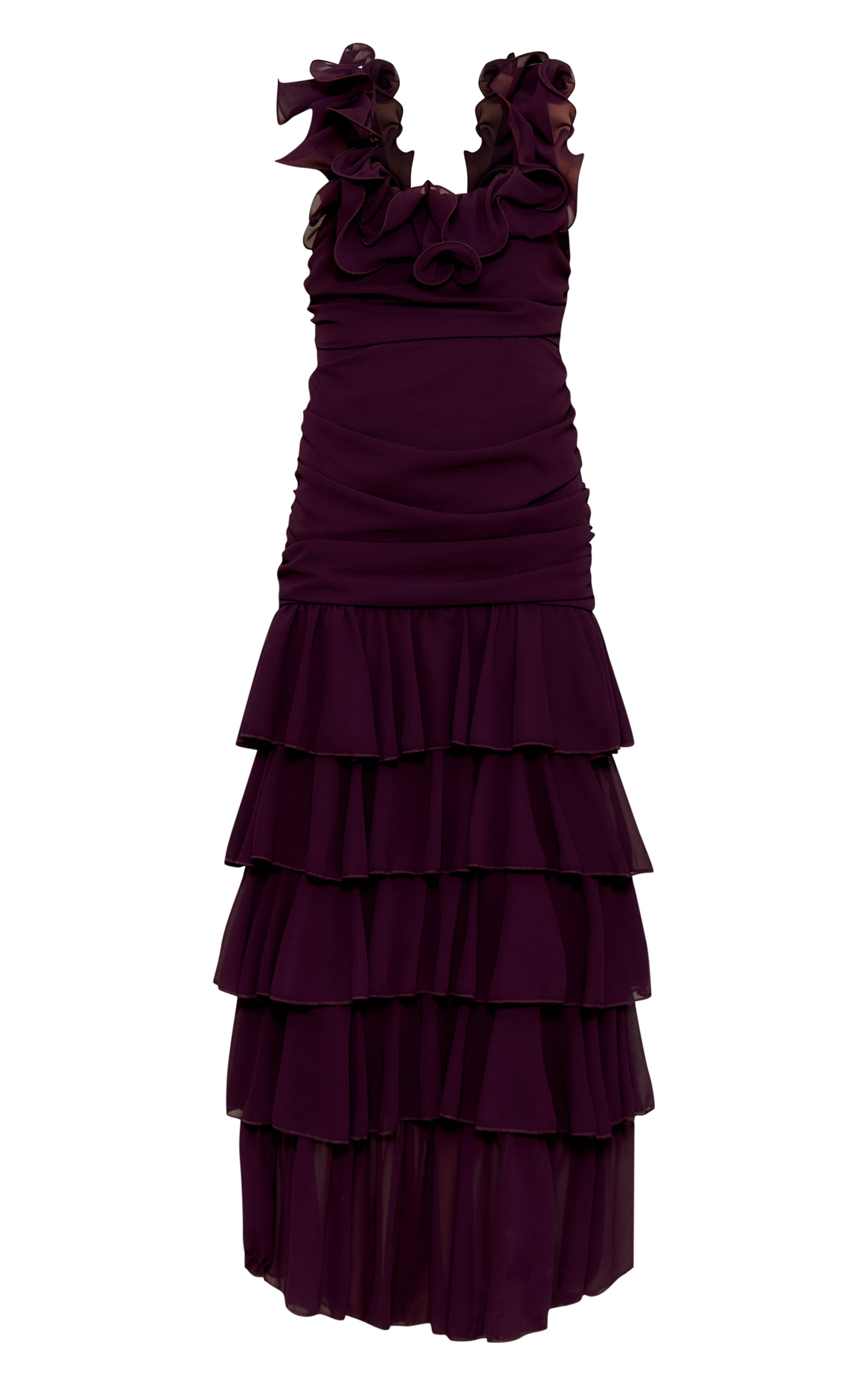 Wine Chiffon Ruched Ruffle Maxi Dress image 5
