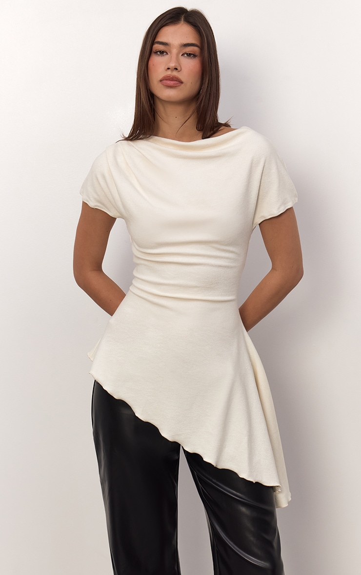 Cream Thick Brushed Jersey Asymmetric Long Top image 1