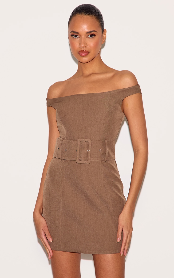  Taupe Woven Off Shoulder Belt Detail Mini Dress image 3