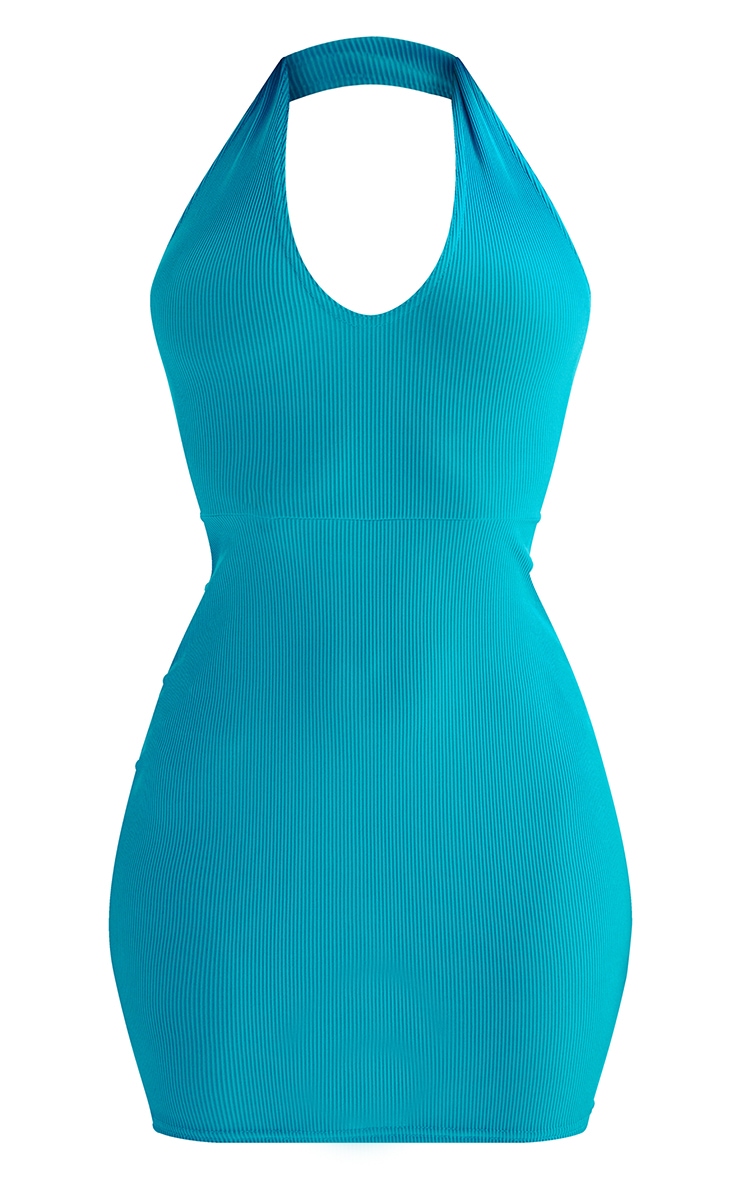 Blue Ribbed Halterneck Tie Back Bodycon Dress image 5