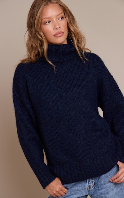 Navy Roll Neck Balloon Sleeve Oversized Jumper