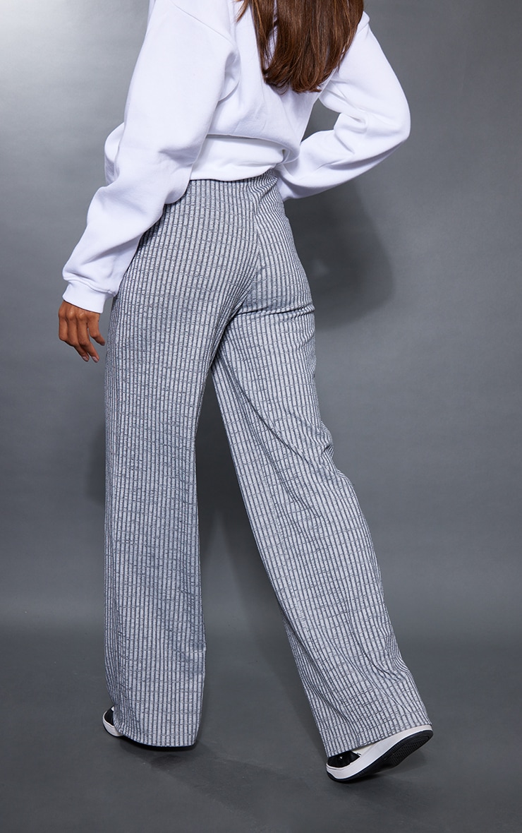  Grey Contrast Ribbed Wide Leg Pants image 3