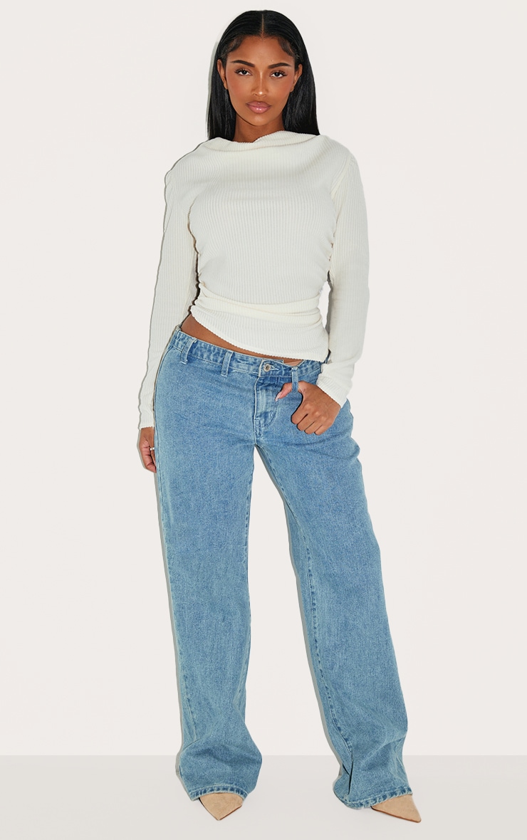 Shape Cream Brushed Rib Long Sleeve Asymmetrical Hem Top image 3