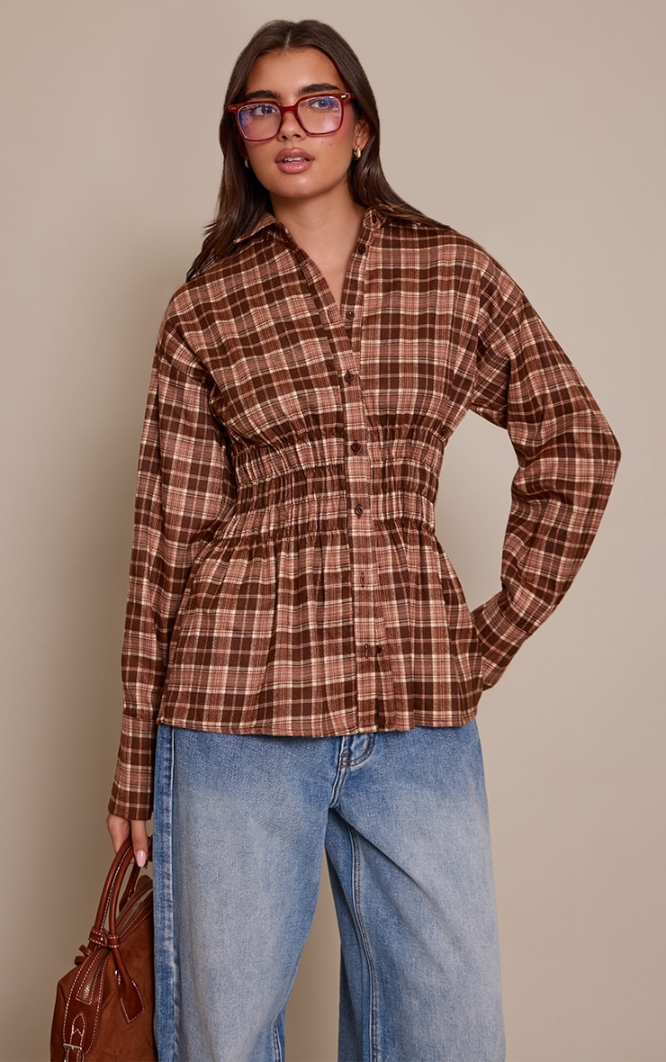 Brown Check Shirred Waist Shirt  image 1