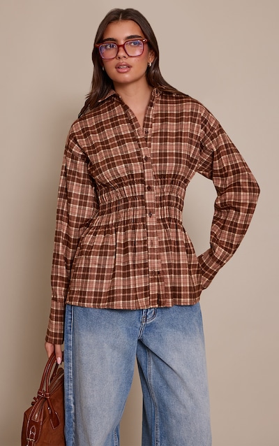 Brown Check Shirred Waist Shirt