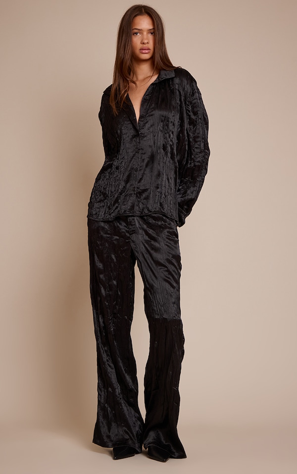 Black Textured Satin Wide Leg Pants