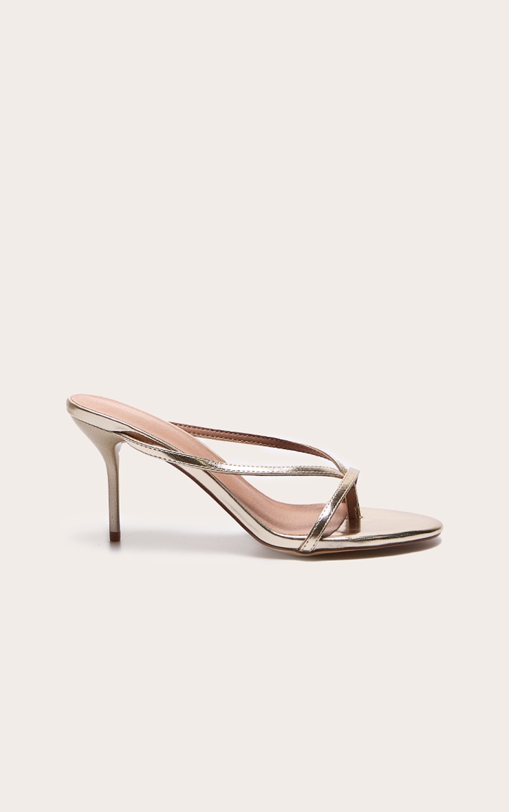 Gold Pu Round Toe Thong High Stiletto Heeled Mules image 1