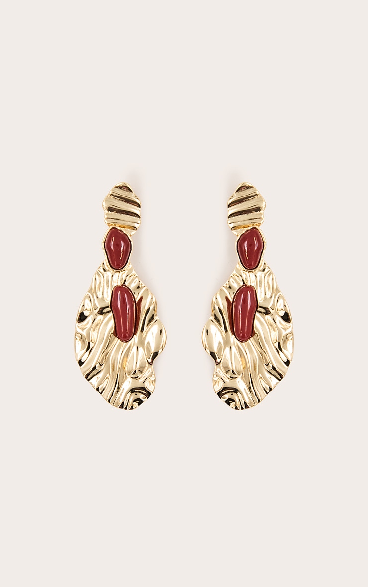 Gold Textured Burnt Orange Resin Statement Earrings image 2