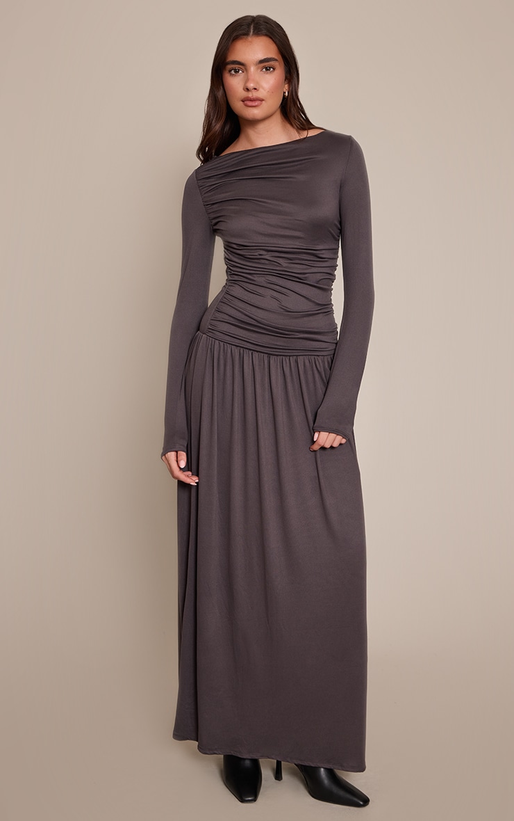 Charcoal Soft Touch Jersey Ruched Long Sleeve Maxi Dress image 3