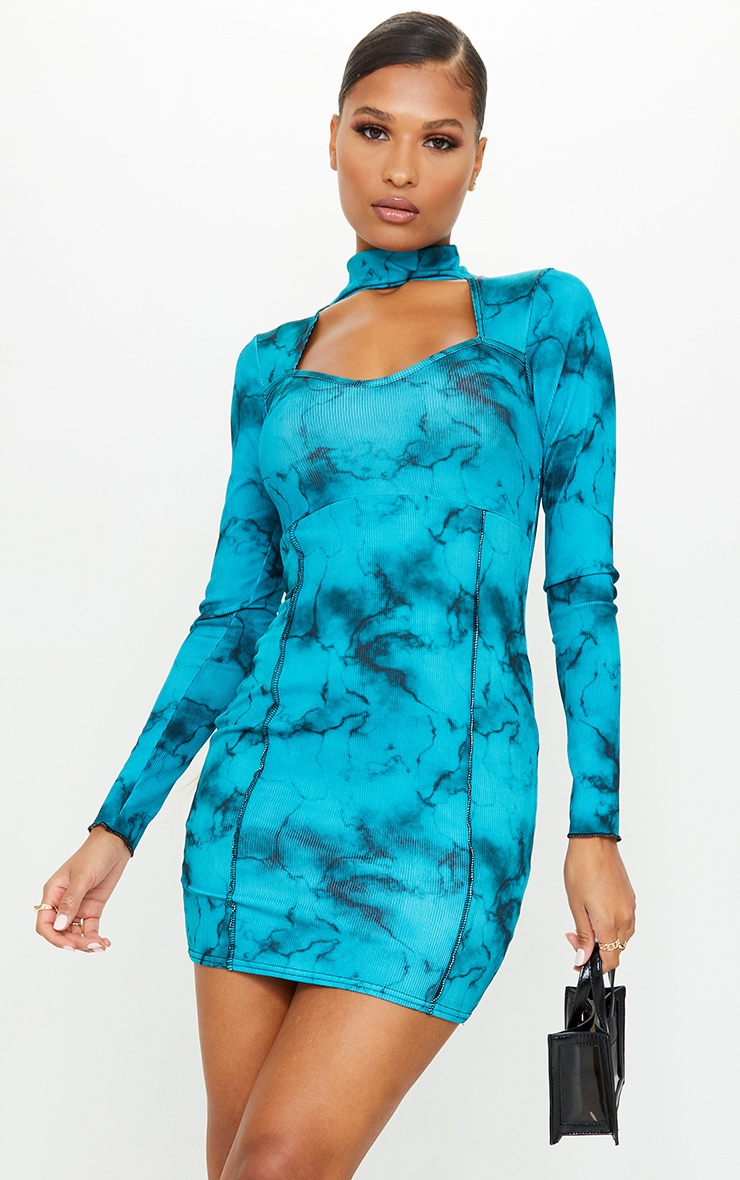 Robe moulante découpée tie & dye bleu manches longues à détail coutures et col haut