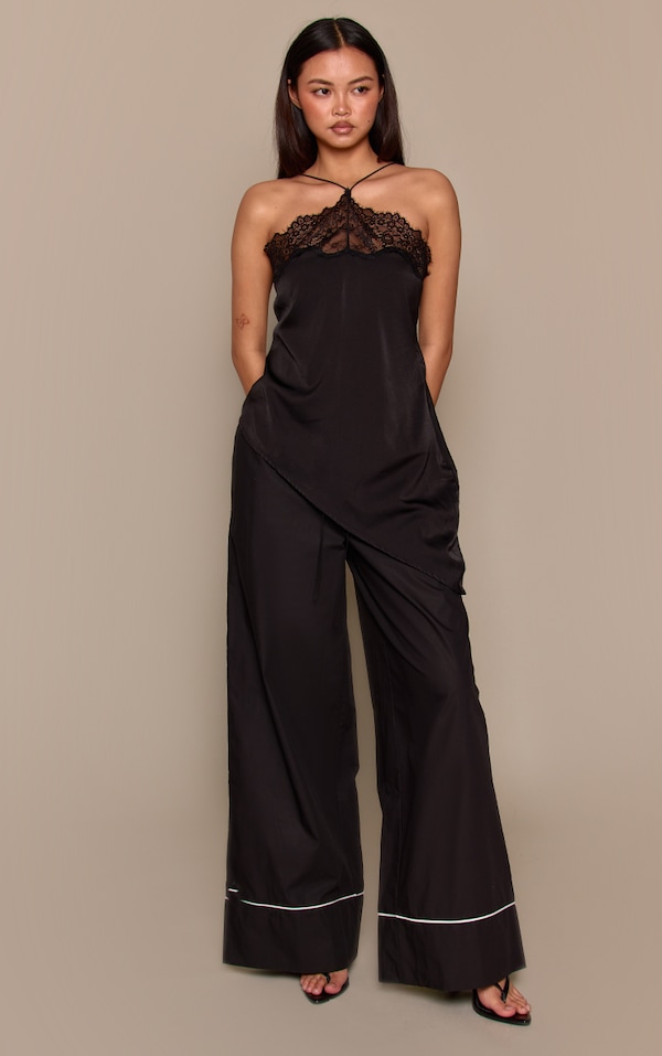 Black Contrast Piping Detail Wide Leg Pants