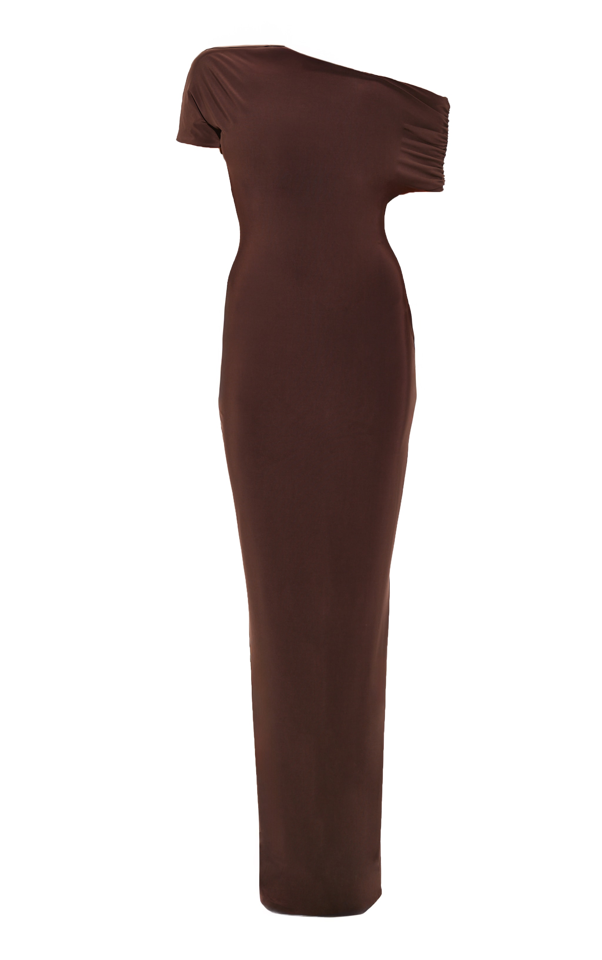 Robe longue moulante asymétrique doublée chocolat foncé à manches froncées image 5