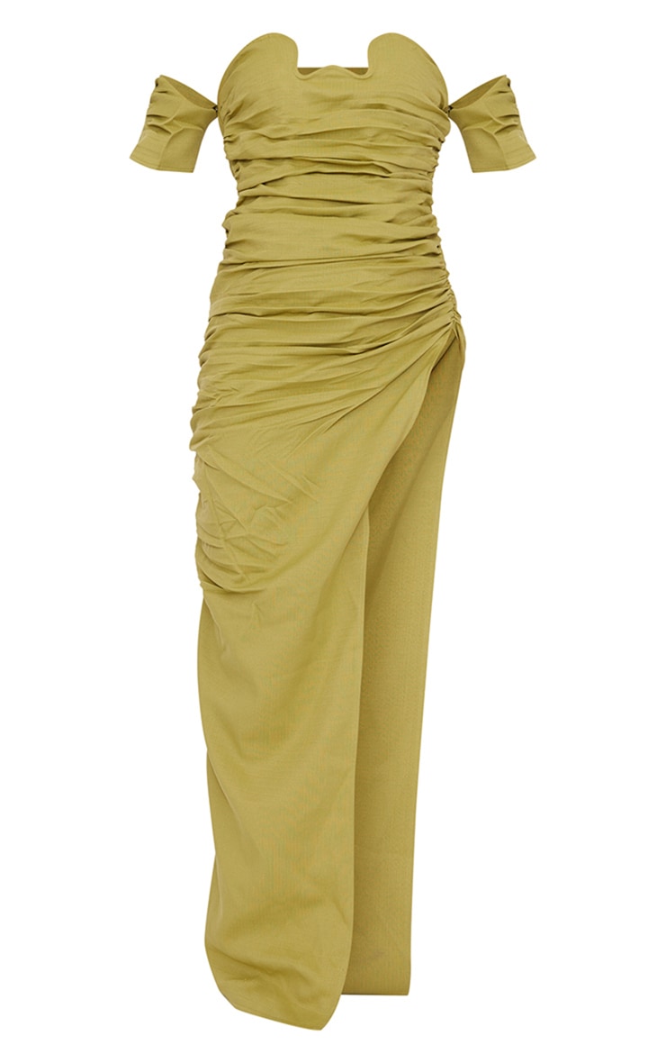 Olive Textured Bardot Underwired Ruched Maxi Dress image 5