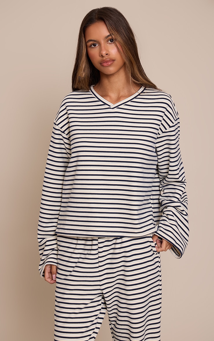 Petite Cream Stripe Soft Touch Cropped V Neck Top image 1