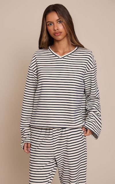 Petite Cream Stripe Soft Touch Cropped V Neck Top