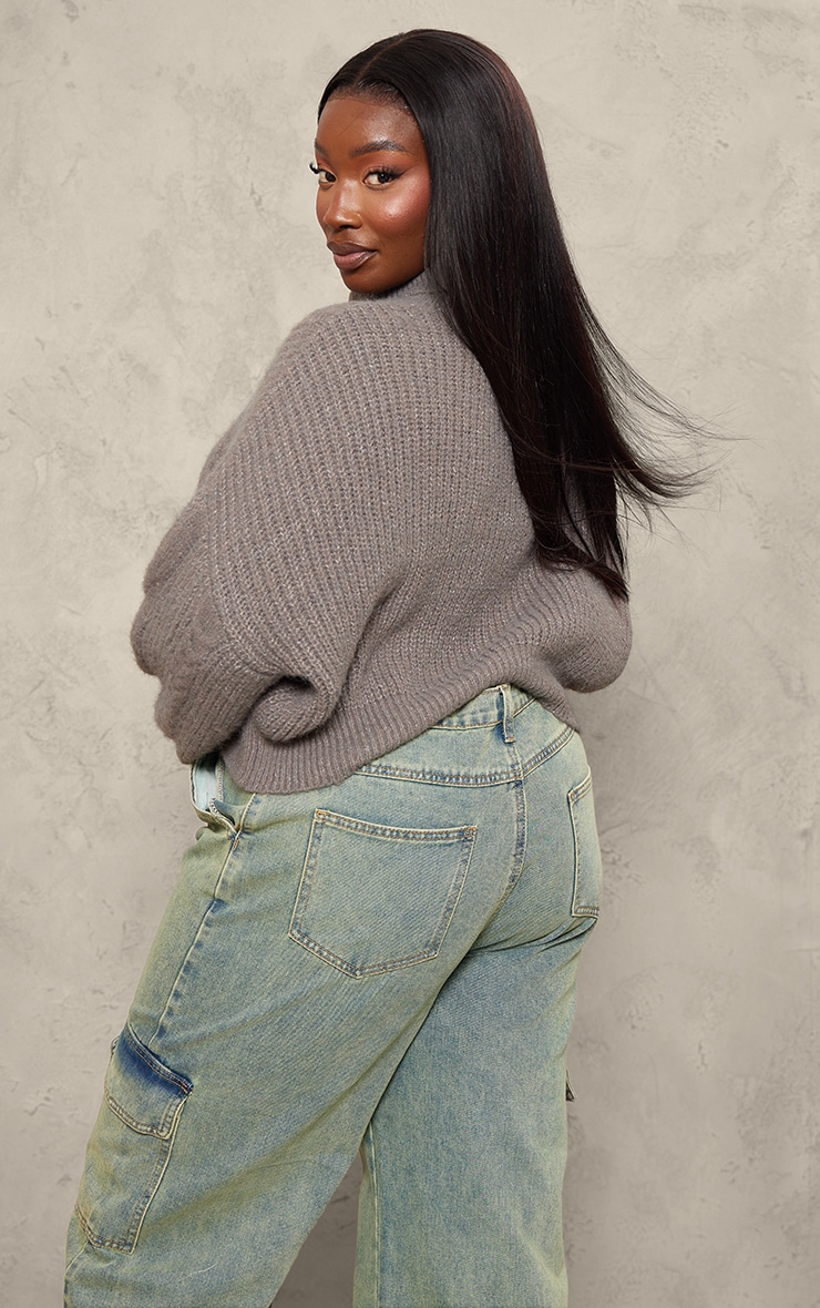 Plus Grey Soft Cable Knit Roll Neck Crop Jumper image 2