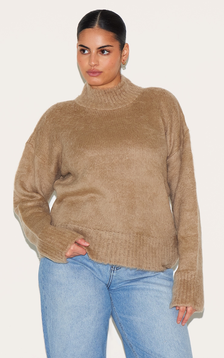 Plus Pull en maille tricot duveteuse gris pierre à col montant image 4