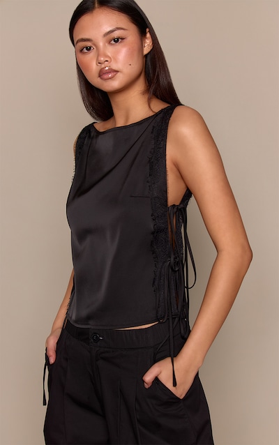 Black Satin Lace Open Side Tie Top