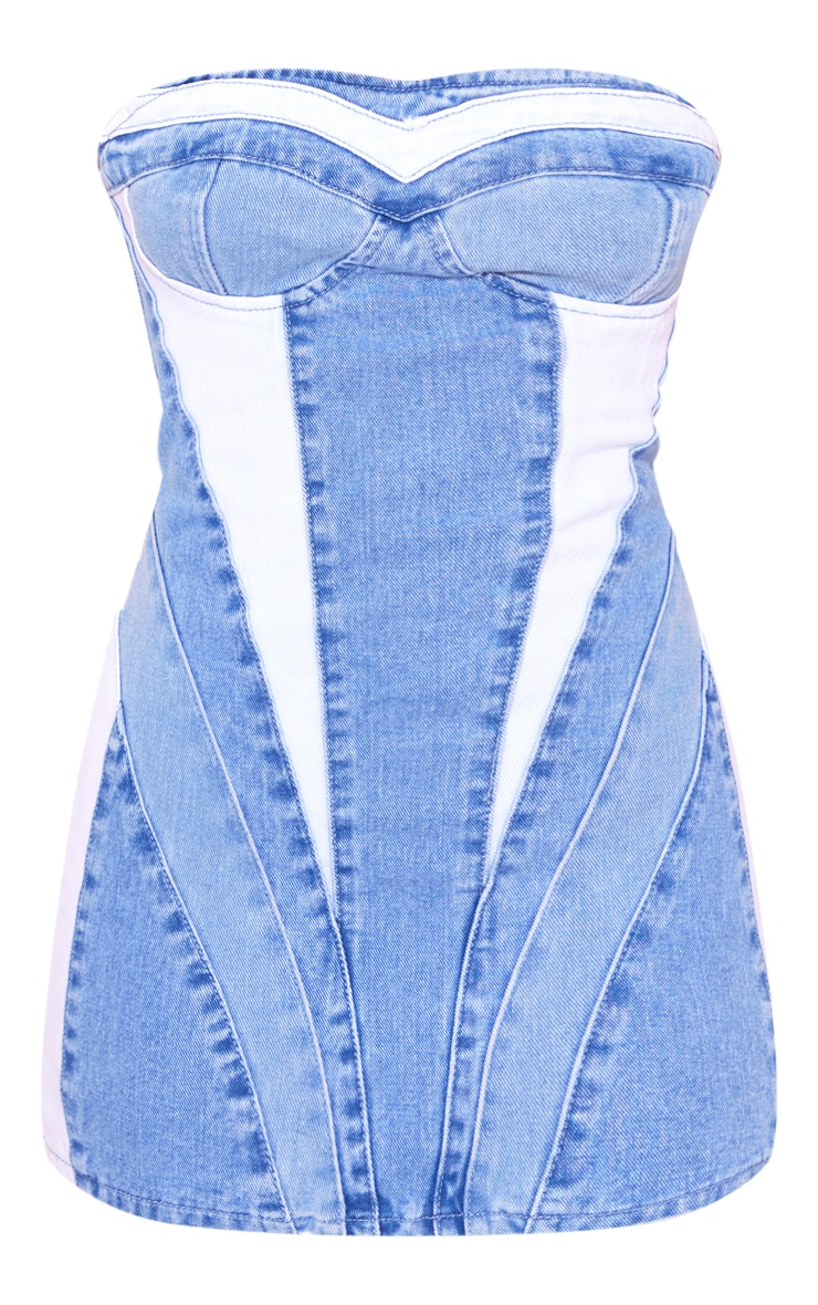 Petite Light Blue Wash Contrast Panel Denim Mini Dress image 5