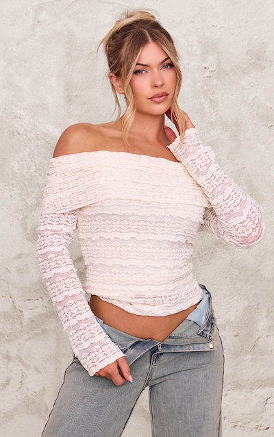 Cream Textured Bardot Long Top