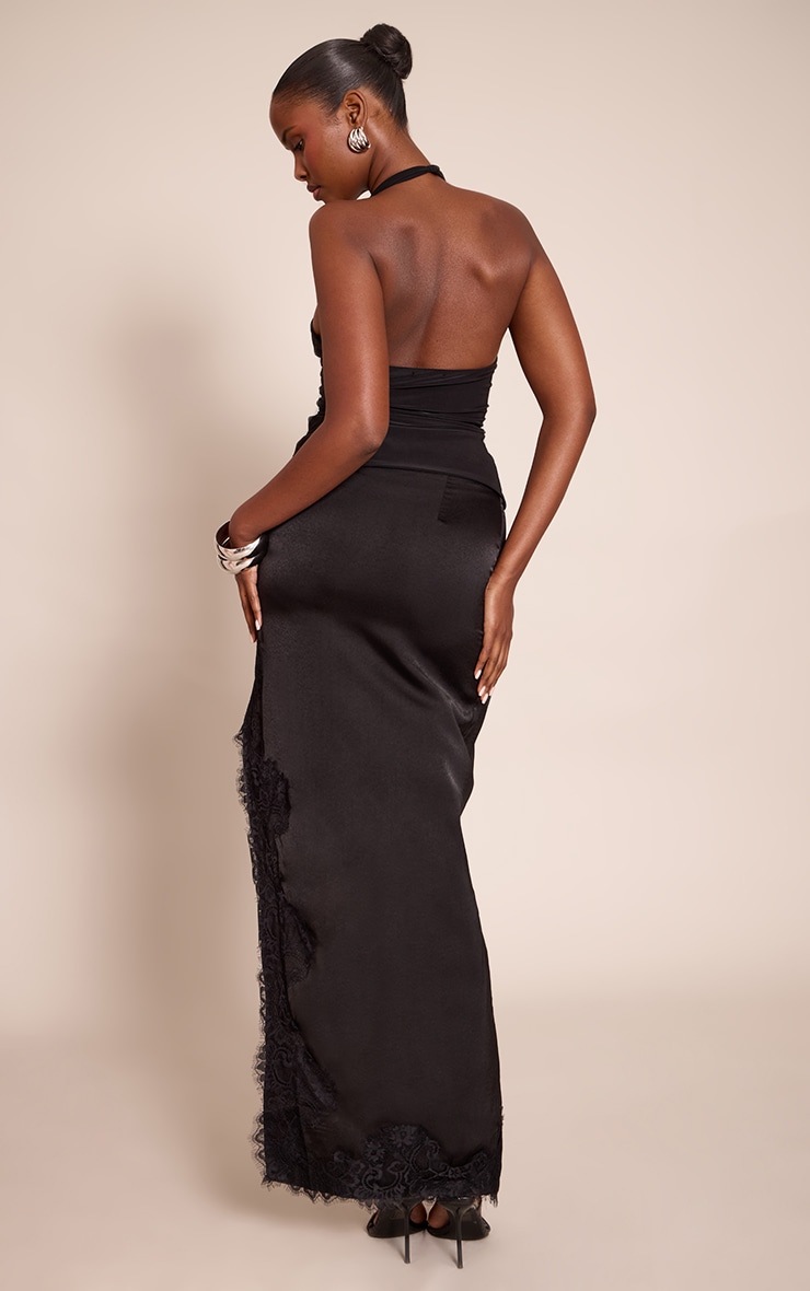 Black Satin Lace Side Split Maxi Skirt image 3