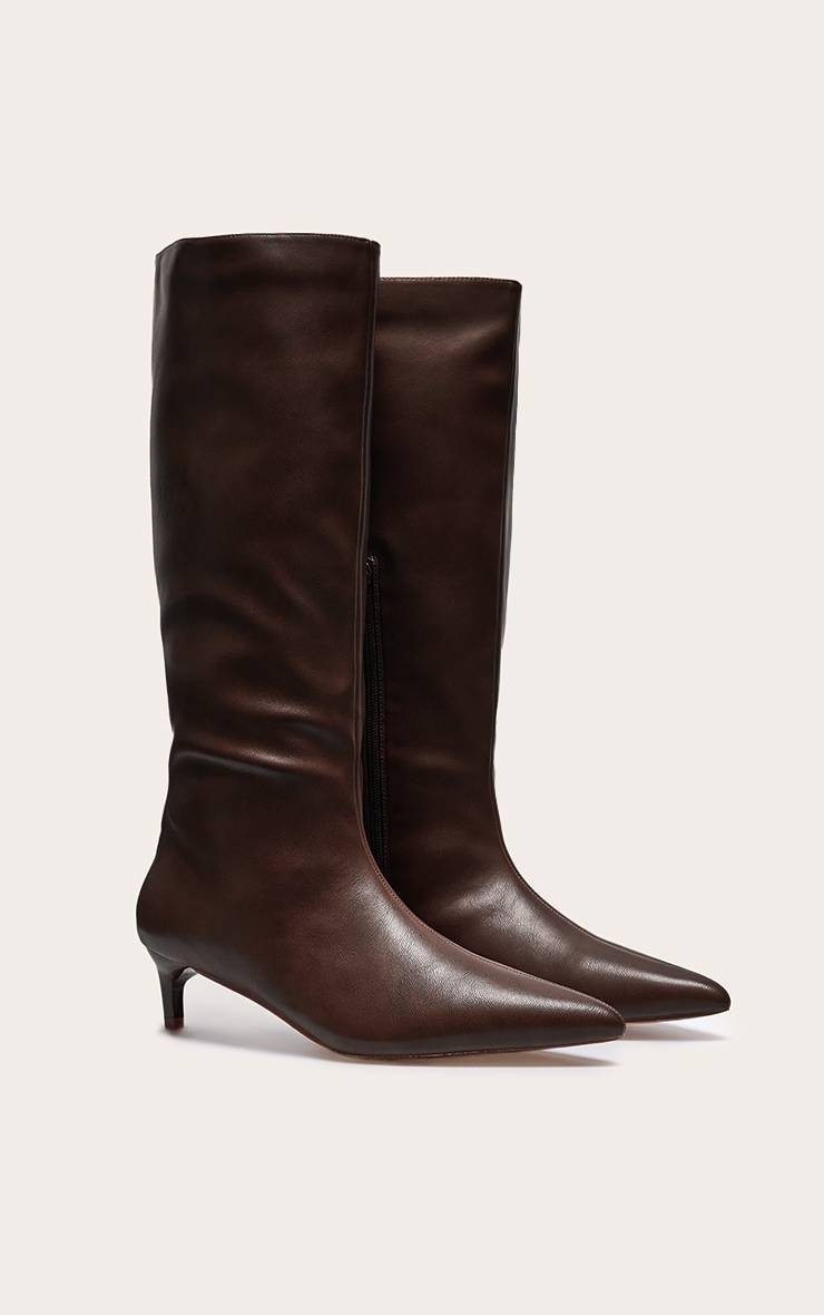 Chocolate Pu Point Toe Low Stiletto Knee High Heeled Boots image 2
