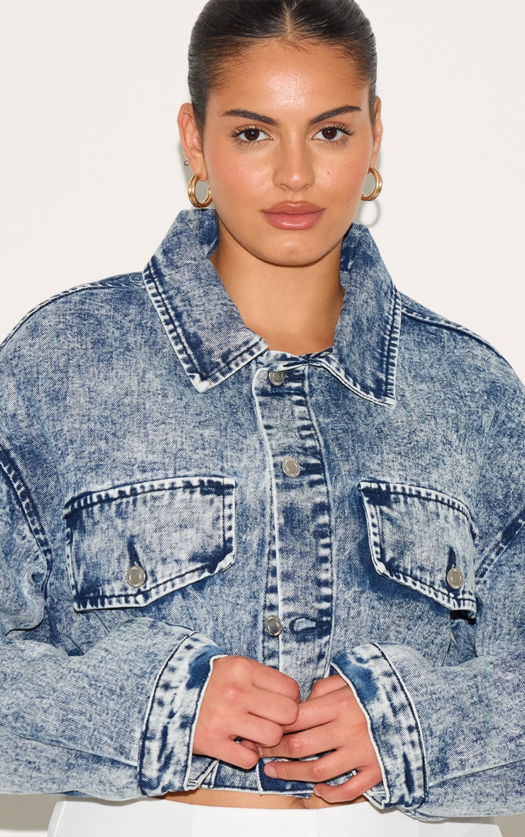 Plus Light Blue Acid Wash Pocket Crop Denim Jacket | Plus Size