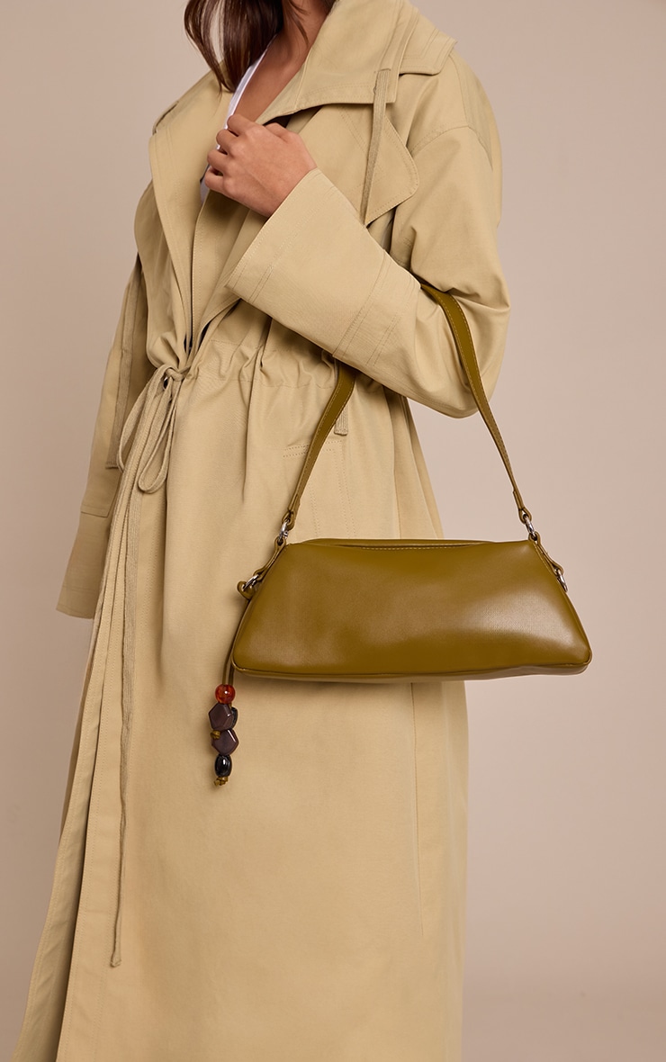 Olive PU Stone Trim Shoulder Bag