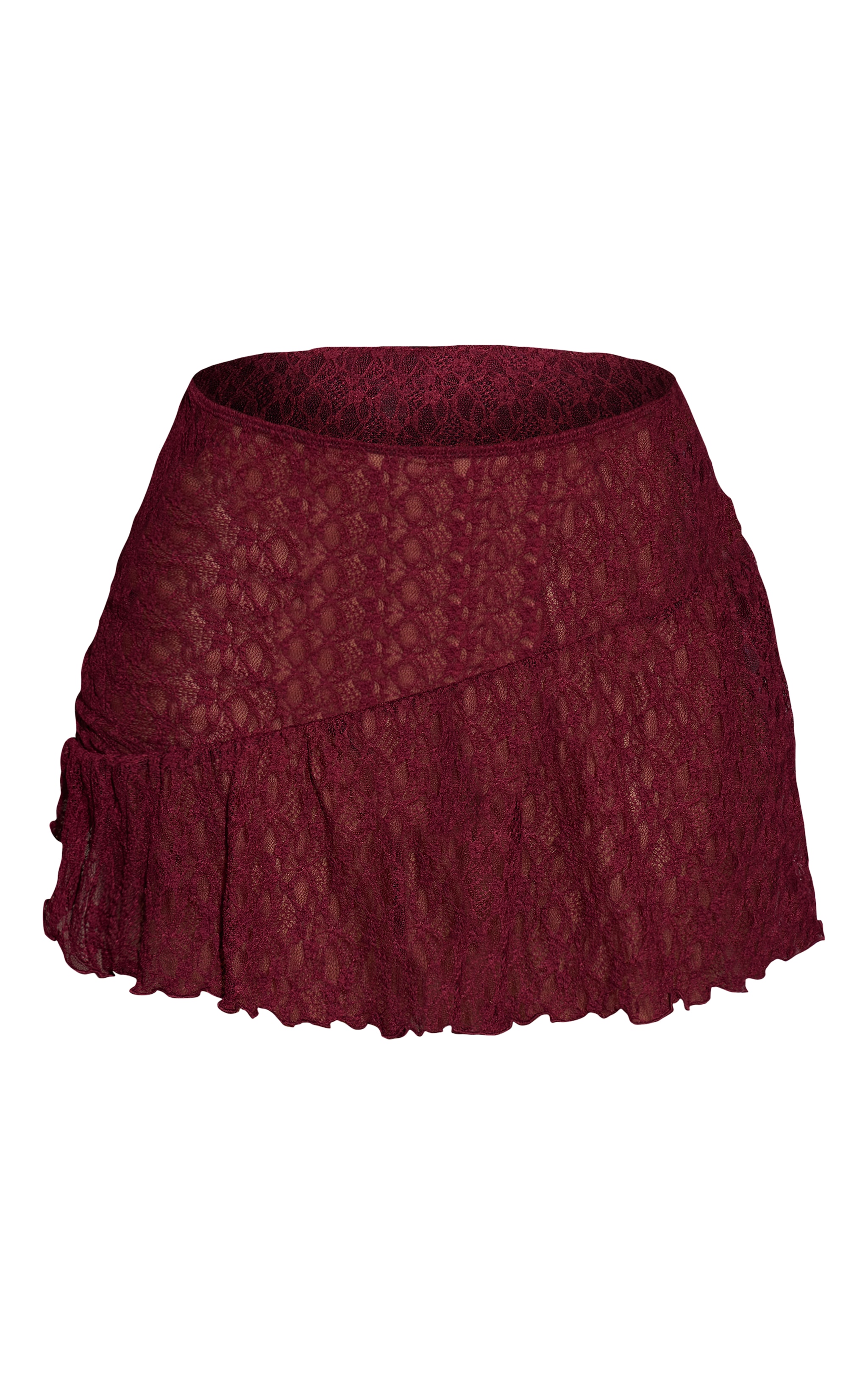 Mini-jupe en dentelle rouge vin à volants image 6