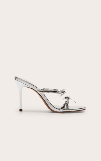 Silver Pu Round Toe Bow Strap High Stiletto Heeled Mules