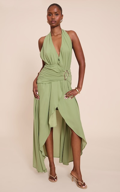 Robe longue en mousseline de soie sauge à décolleté et empiècement