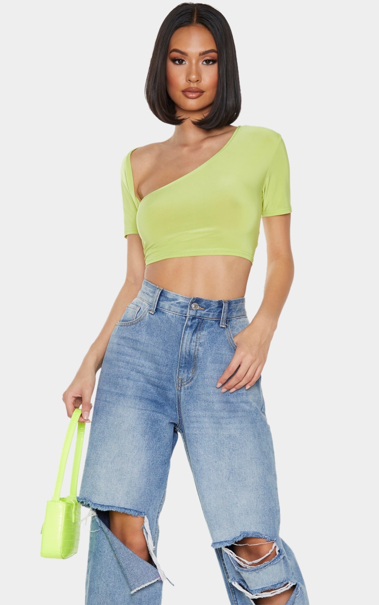 Green Slinky Asymmetric Short Sleeve Crop Top