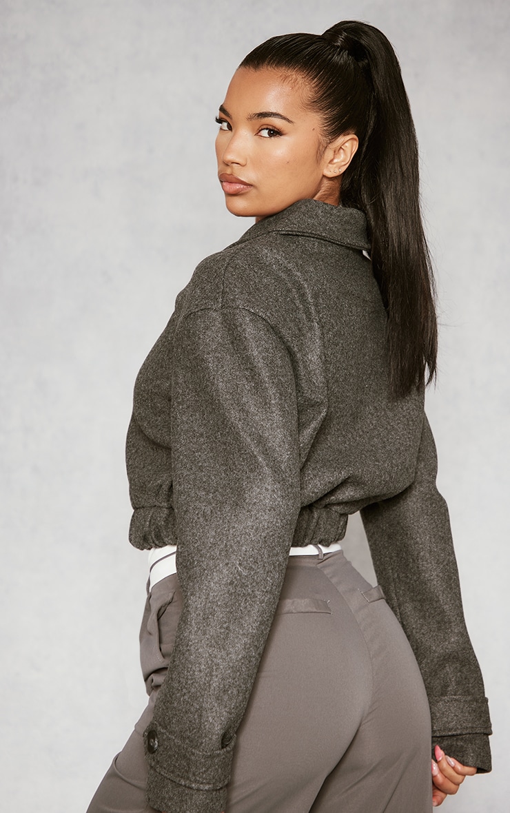 Grey Wool Look Zip Front Bomber Jacket image 2