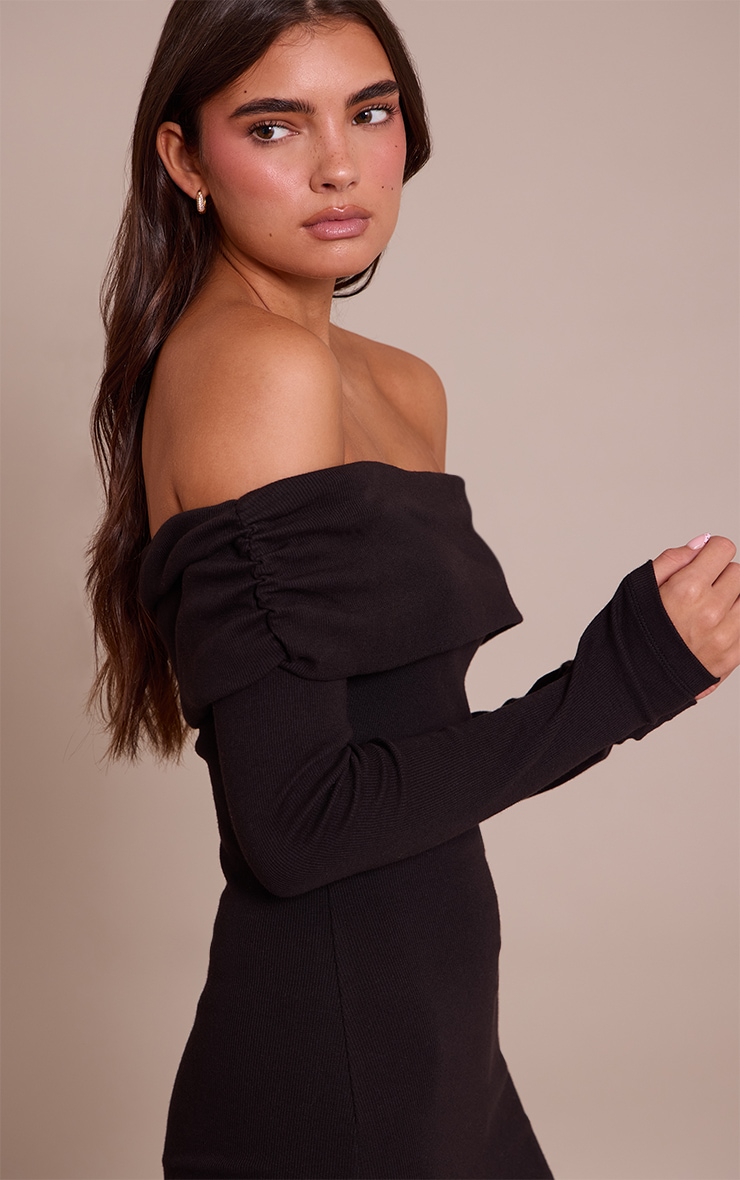 Black Ribbed Fold Over Bardot Long Sleeve Bodycon Dress image 4