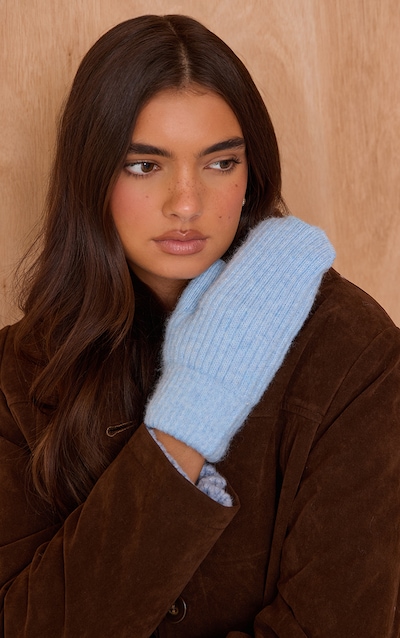 Moufles en maille tricot côtelée bleu poudré