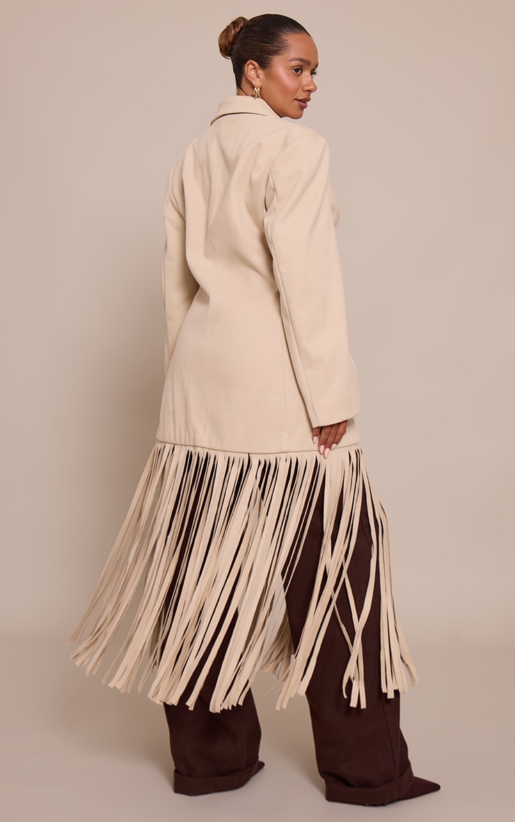 Shape Cream Wool Look Cinched Waist Fringe Hem Blazer image 2