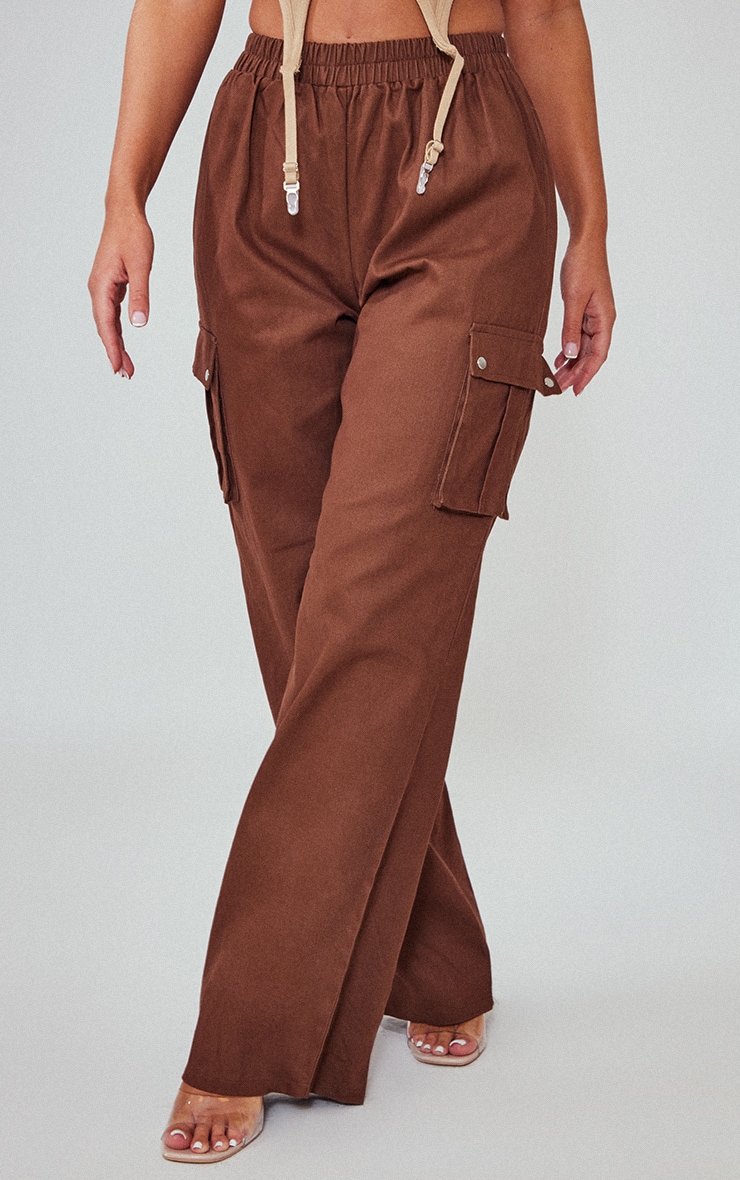 Chocolate Wide Leg High Waisted Cargo Trousers image 2