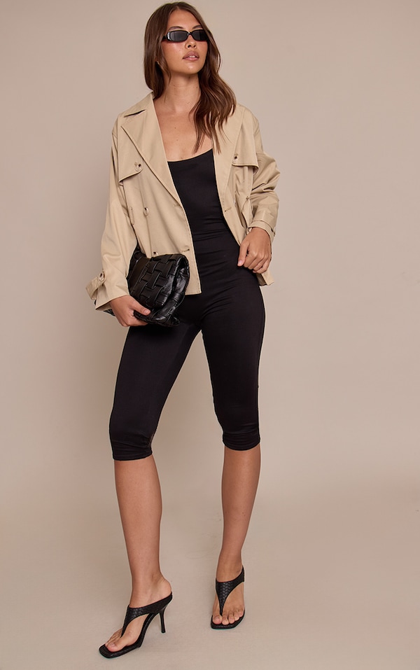 Black Spaghetti Strap Contour Jersey Capri Jumpsuit