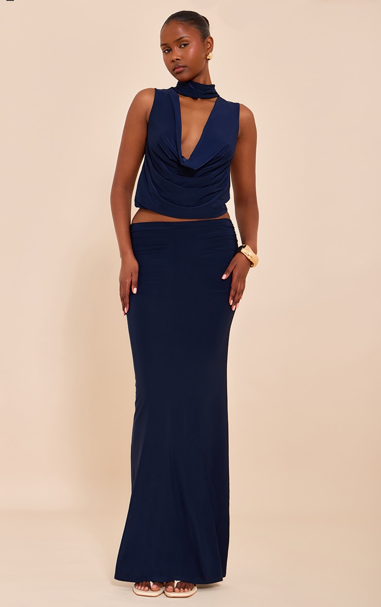 Navy Double Layer Slinky Plunge High Neck Long Top image 3