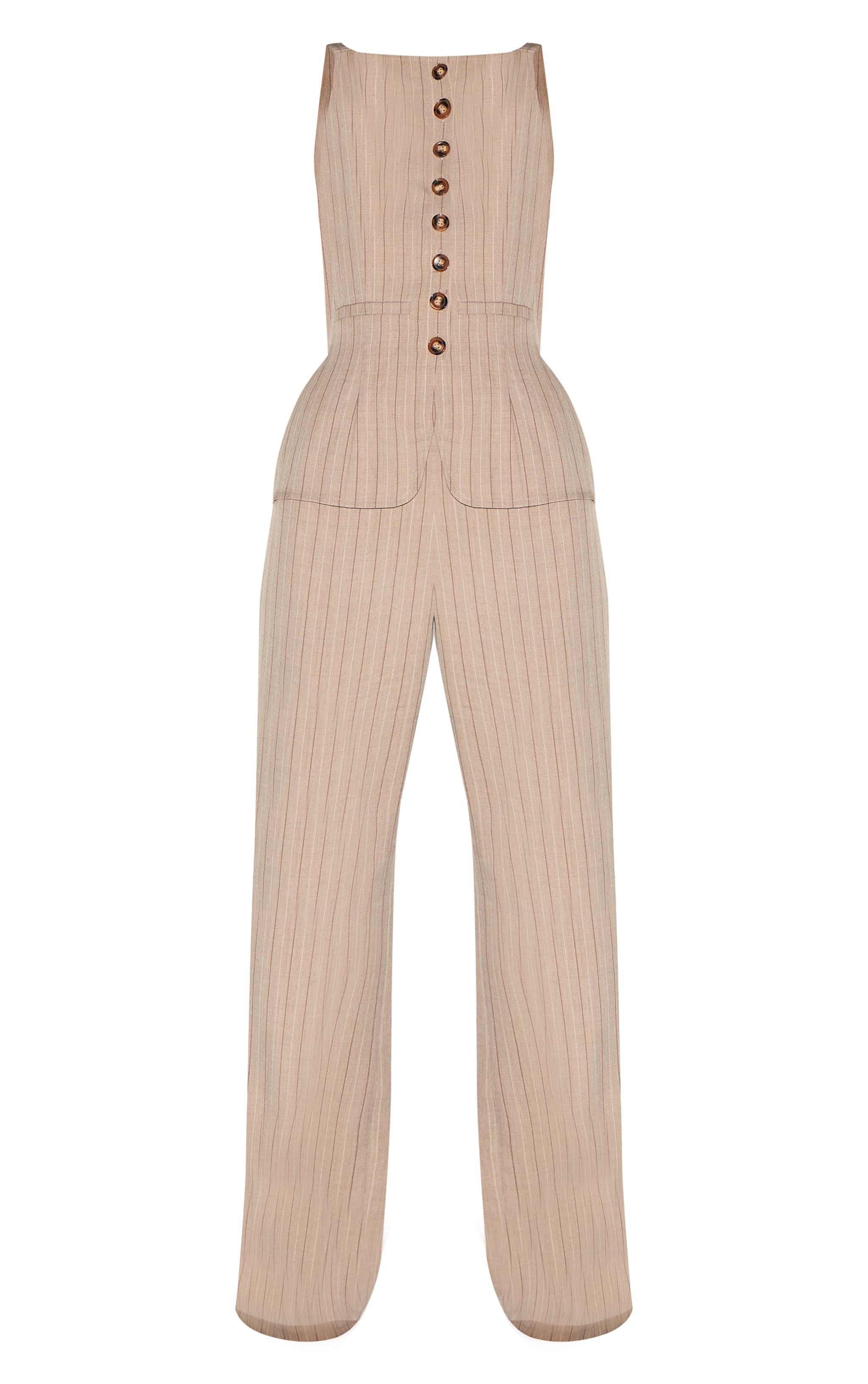 Brown Pinstripe Linen Button Down Peplum Hem Jumpsuit image 5