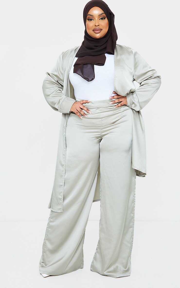 Image of Khaki Plus Satin Zip Side Wide Leg Trousers