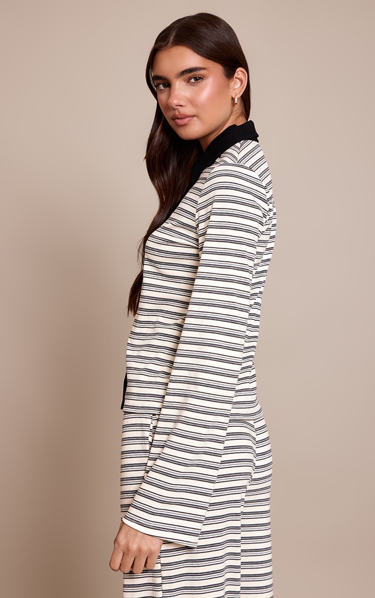 Black Striped Contrast Collared Long Sleeve Long Top  image 2