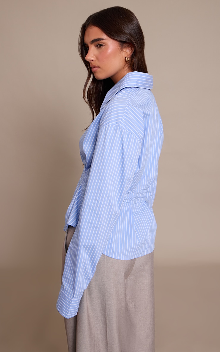 Blue Pleated Cinched Waist Striped Shirt image 2