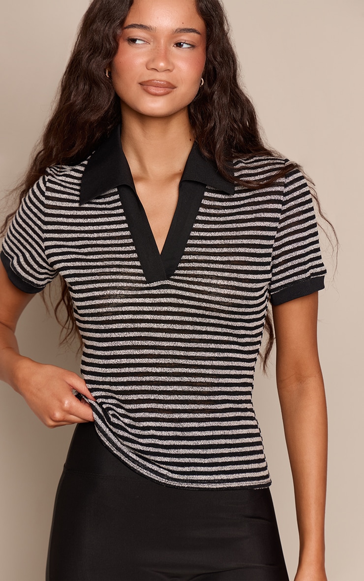 Black Textured Stripe Rugby Style Top image 1